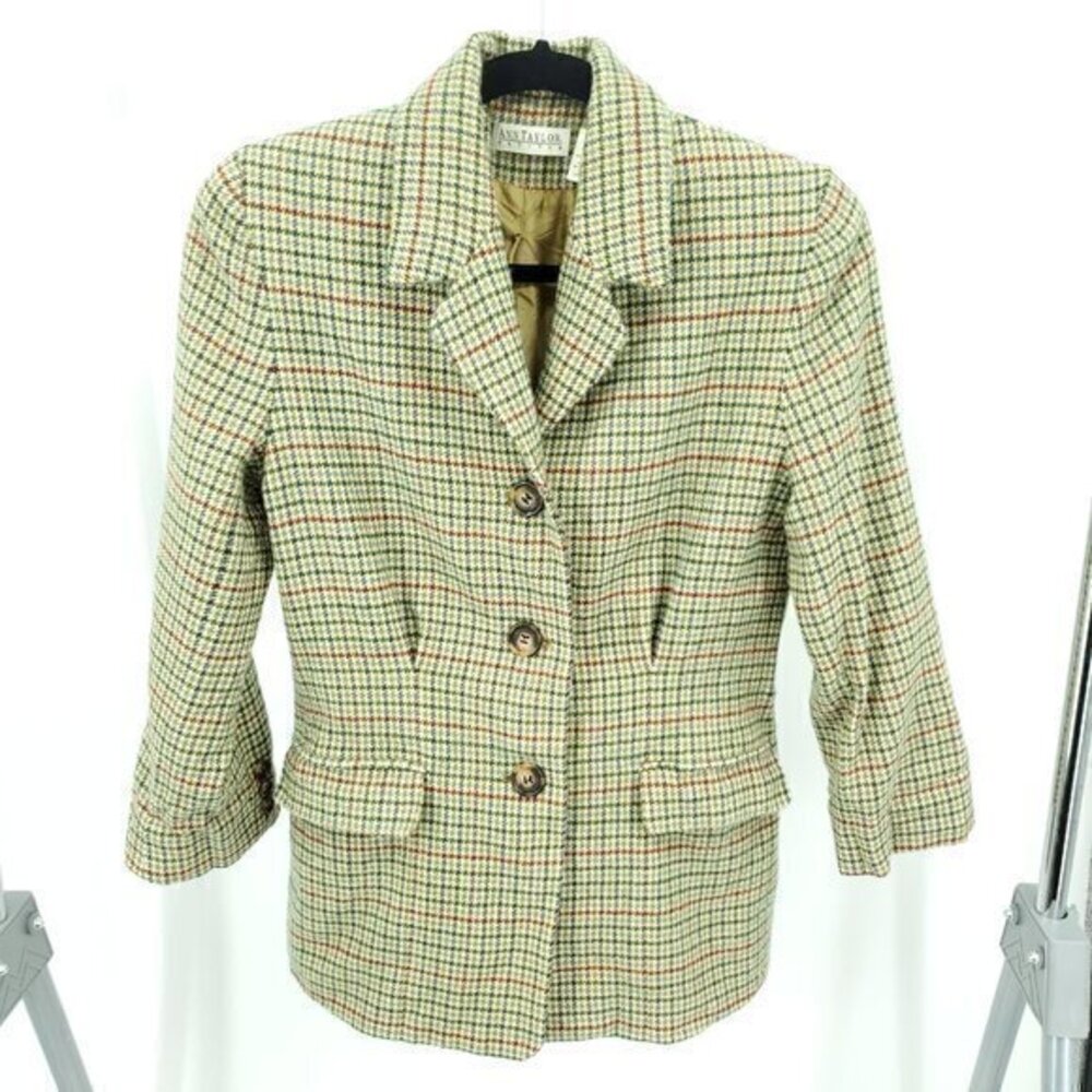 VTG 90s Ann Taylor 100% Wool Houndstooth 3/4 Sleeve Long Line Fitted Blazer 6P